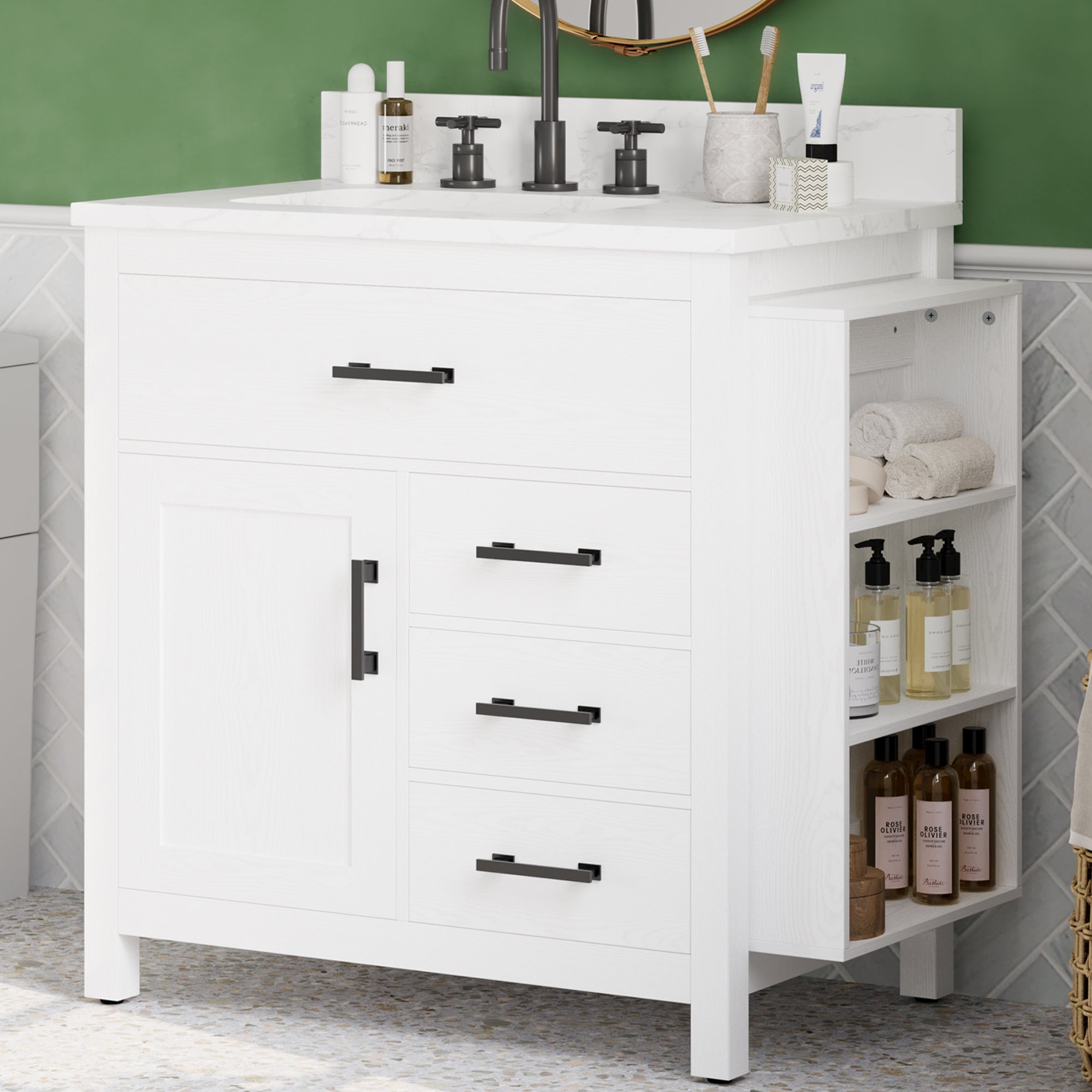 Bathroom Vanity 30 Inches with Sink and 4 Drawers and 1 Door Cabinet and 3 Extra Side Shelves,White
