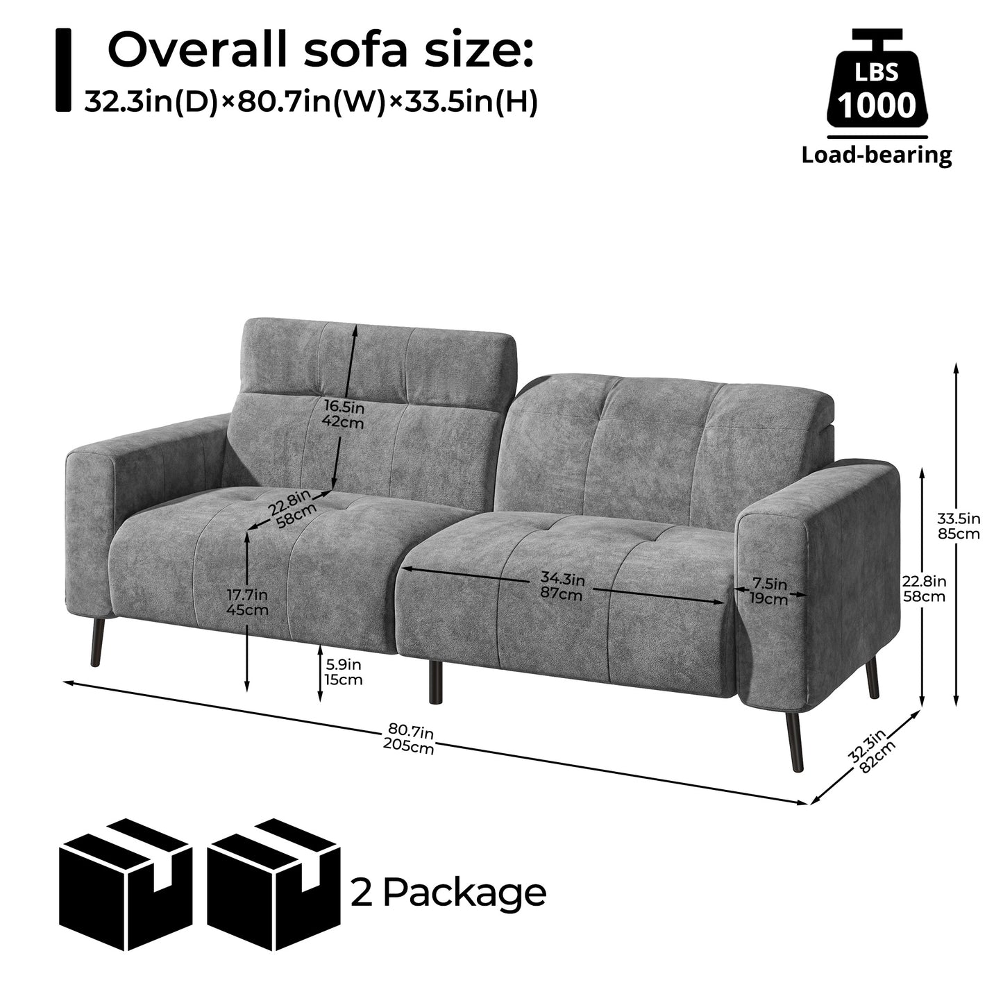 81" 3-Seat Deep Spring Cushion Sofas, Dark Grey Chenille