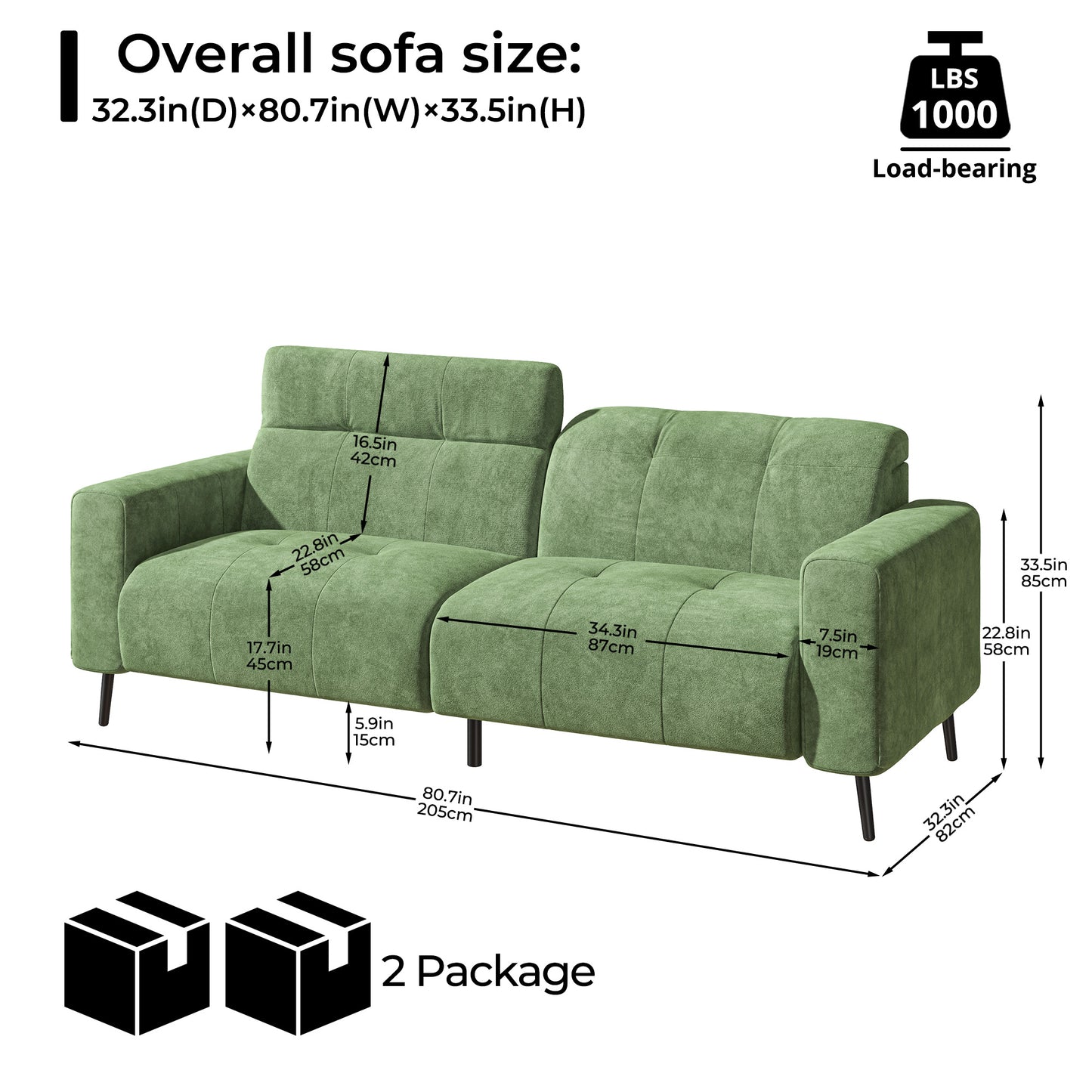 81" Oversized Loveseat Spring Cushion Sofas, Green Chenille