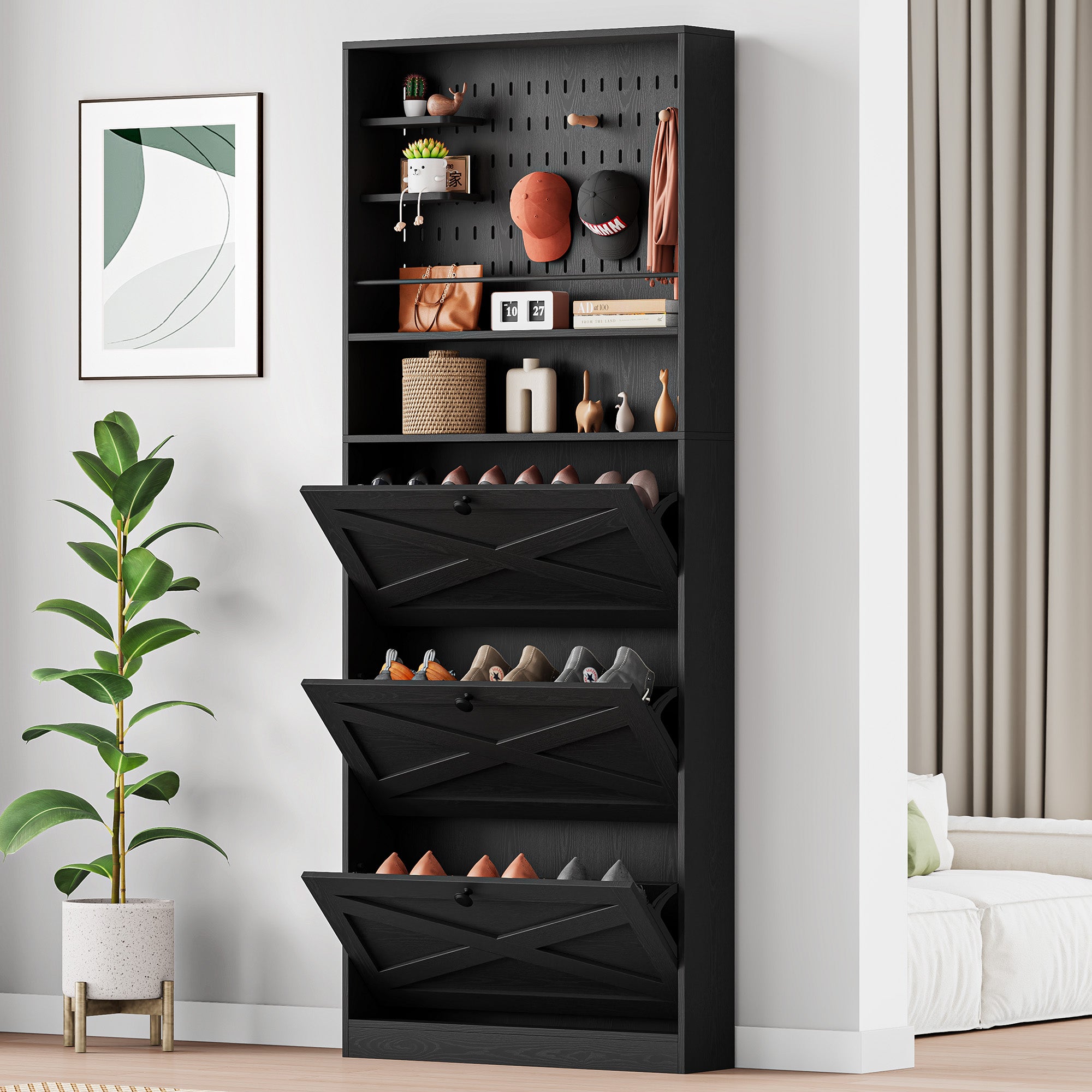 Shoe Cabinet Storage with 3 Flip Drawers and Pegboard Rack,Black
