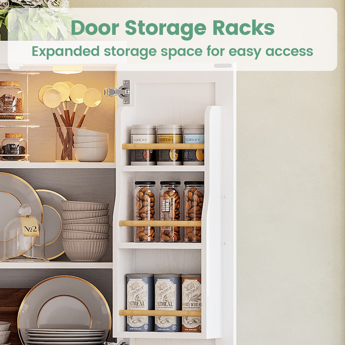 Kitchen Pantry Cabinet with LED Lights, 6 Barn Doors, 39.4" W x 71.3" H, Large Storage Cabinet with 12 Shelves, Freestanding Cupboard with Door Storage Rack for Dining Room, White