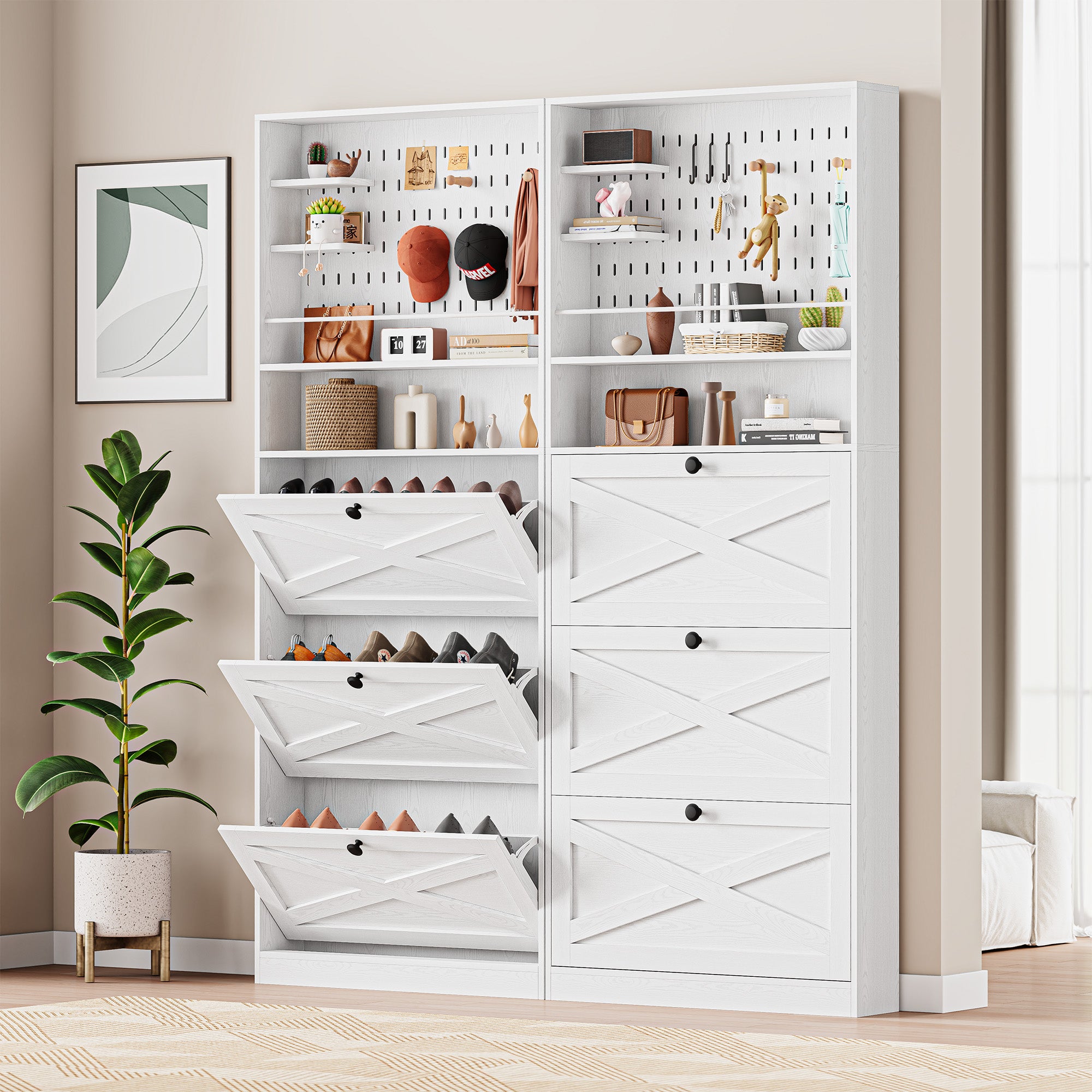 Shoe Cabinet Storage with 3 Flip Drawers and Pegboard Rack,White