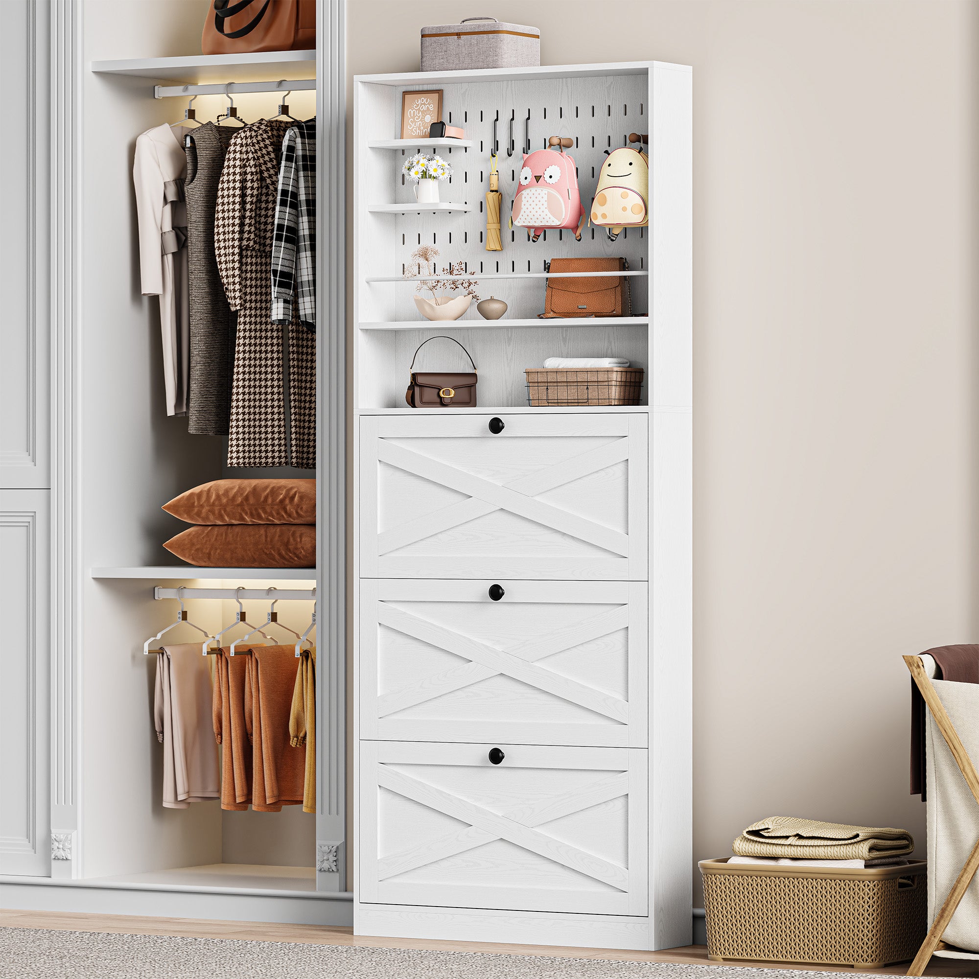 Shoe Cabinet Storage with 3 Flip Drawers and Pegboard Rack,White