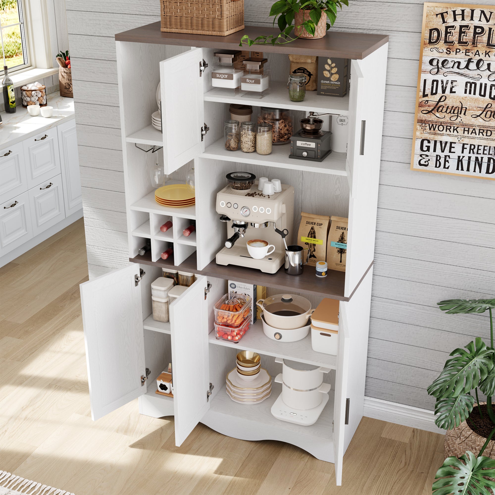 Pantry Cabinet with Wine Racks, 5 Barn Doors, 71" H ×39.4" W, Kitchen Storage Tall Wooden Pantry Cabinets with Doors and Shelves, Freestanding Bar Hutch Cabinets for Kitchen, Dining Room, White