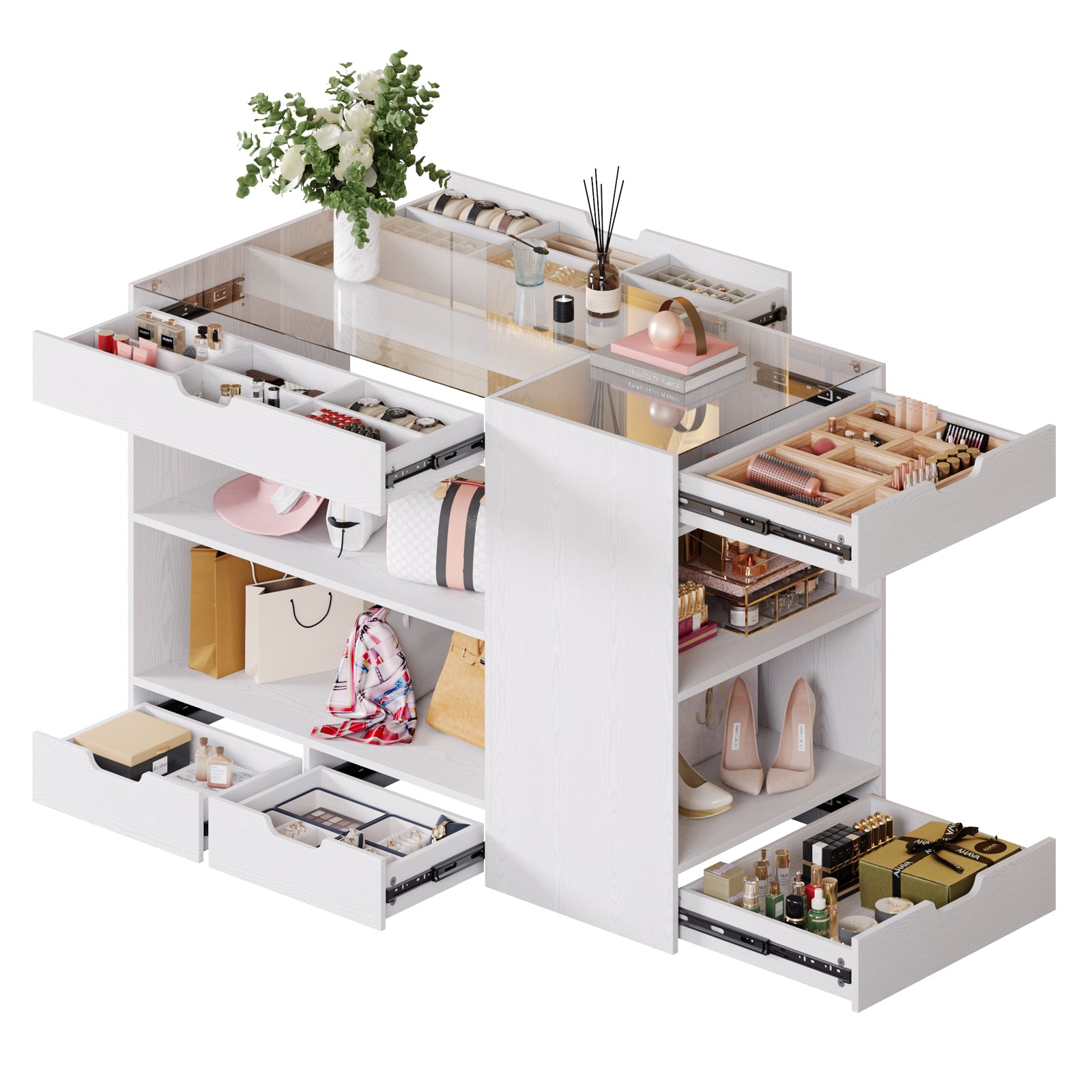 Bedroom Island, 47.4”W Wardrobe Closet Armoire Island with 8 Drawers Glass Top, Jewelry Center Island for Walk in Closet, Dresser for Bedroom Cloakroom Store, White