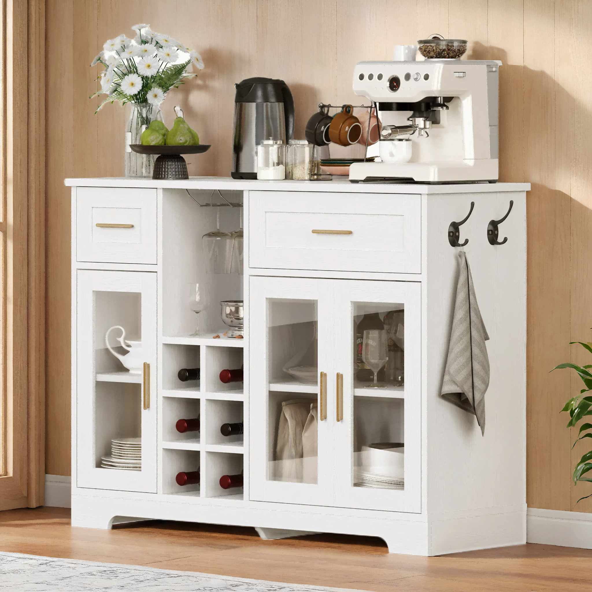 Sideboard Buffet Cabinet with Storage Buffet Table Wine Racks Glass Doors Built-in Power