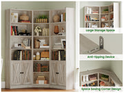 Large Corner Bookshelf with 2 Doors and Storage Cabinets, L-Shaped 7 Tiers Wood Bookcase, Tall Corner Book Shelf for Living Room, Home Office, Rusitc Maple