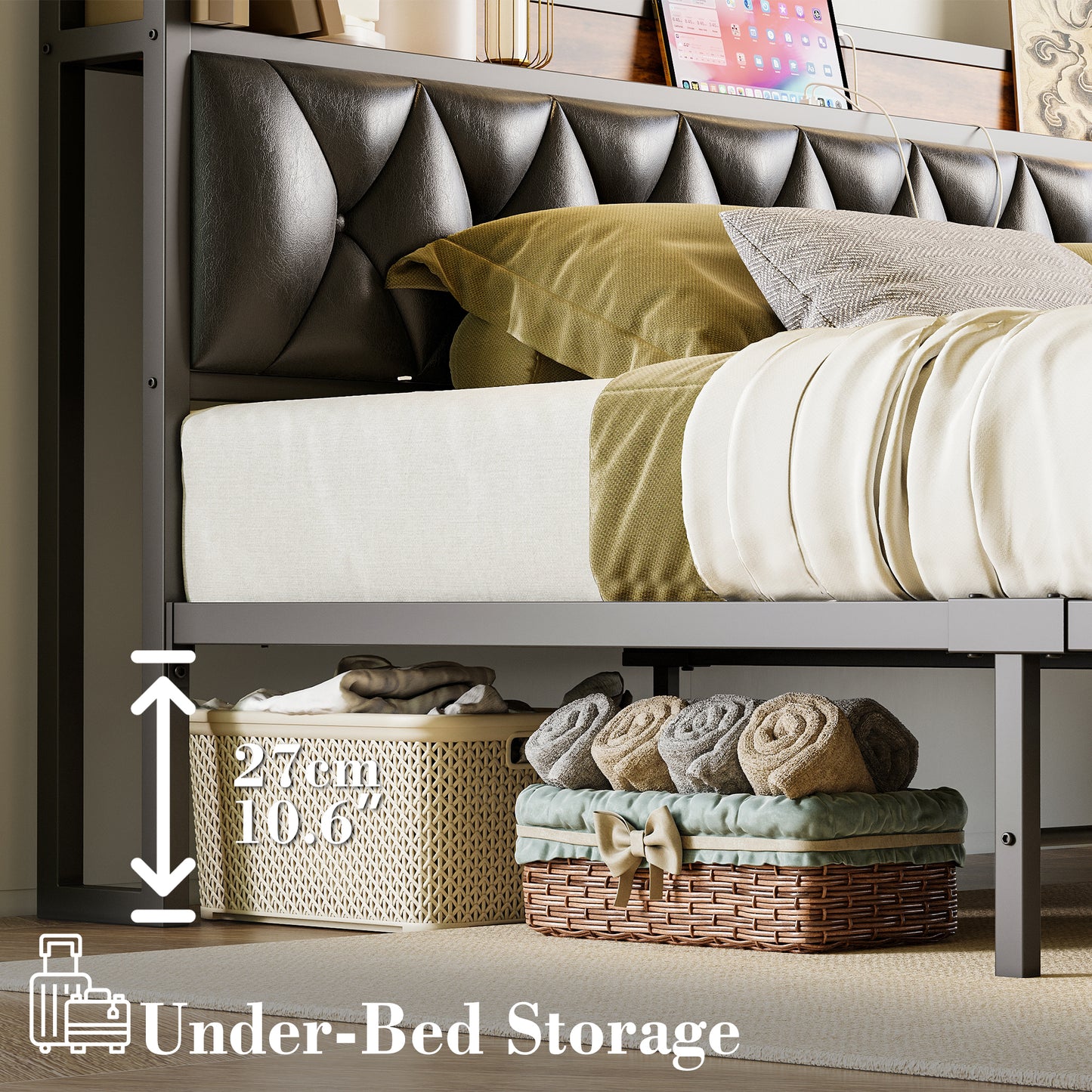 Queen Bed Frame, Storage Headboard with Outlets, Rustic Brown and Black