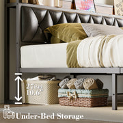 Queen Bed Frame, Storage Headboard with Outlets, Rustic Brown and Black