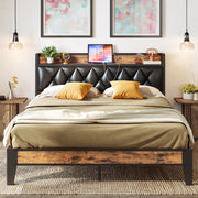 Full Bed Frame, Storage Headboard with Outlets, Rustic Brown and Black