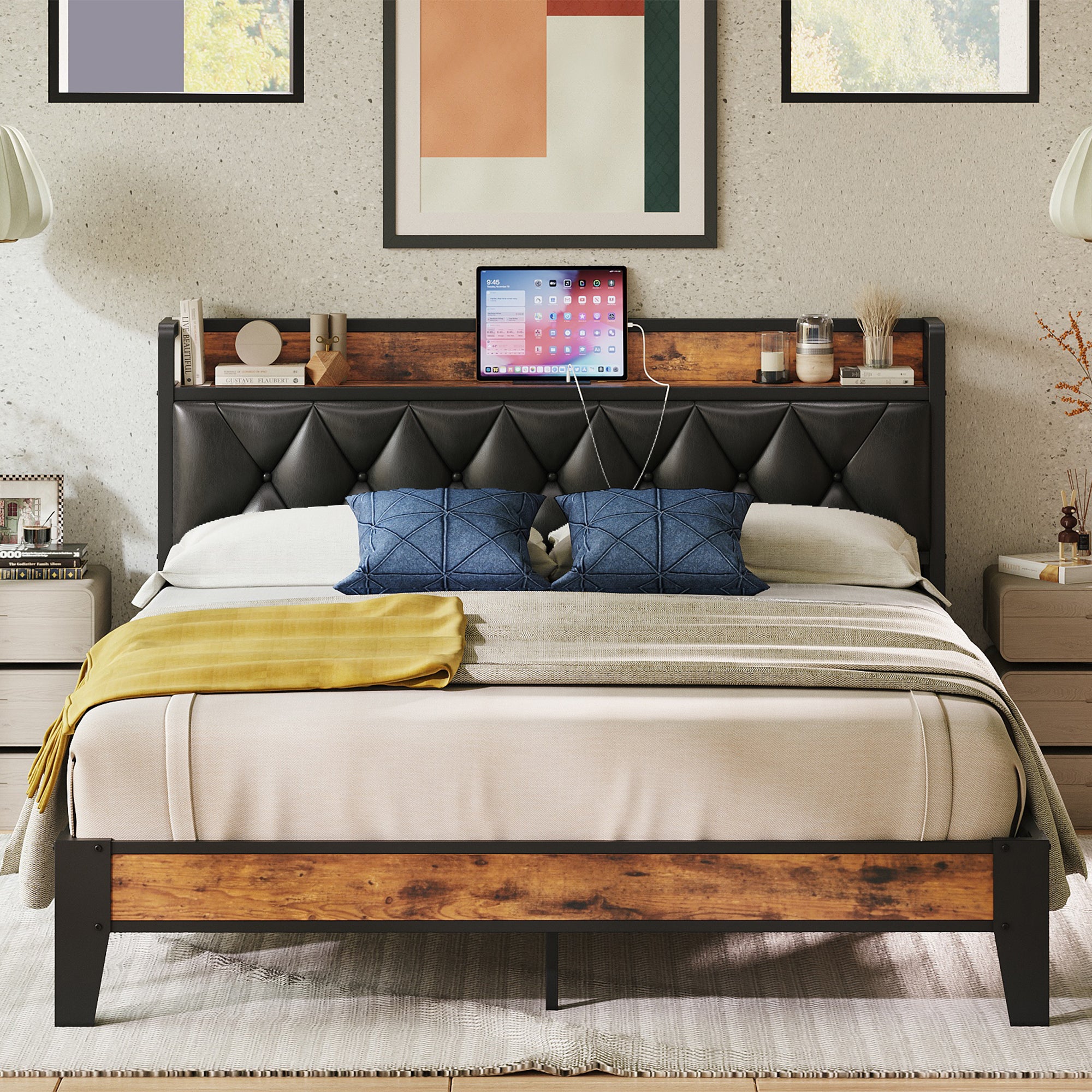 Queen Bed Frame, Storage Headboard with Outlets, Rustic Brown and Black