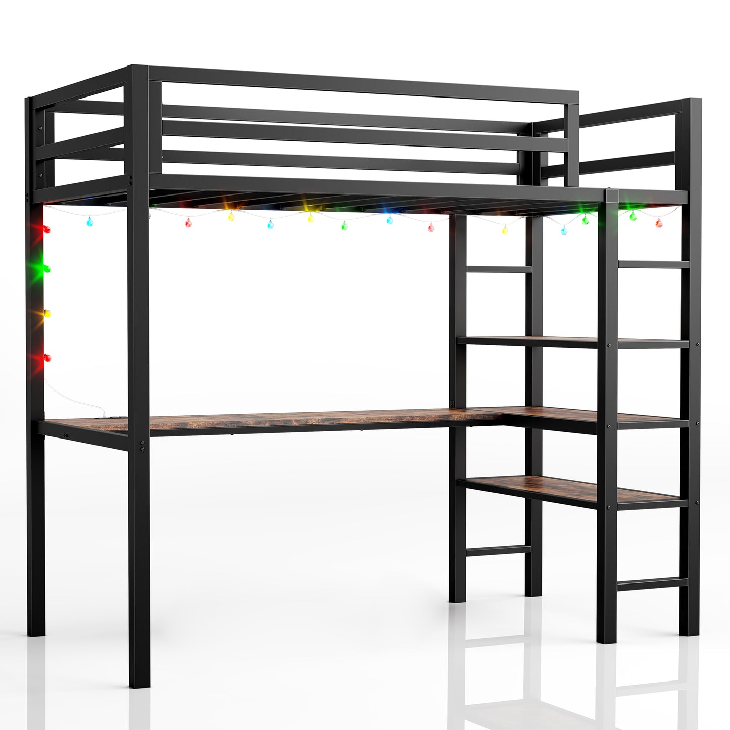 Loft Bed Twin Size with L Shaped Desk and Shelves,Brown