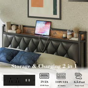 Queen Bed Frame, Storage Headboard with Outlets, Rustic Brown and Black