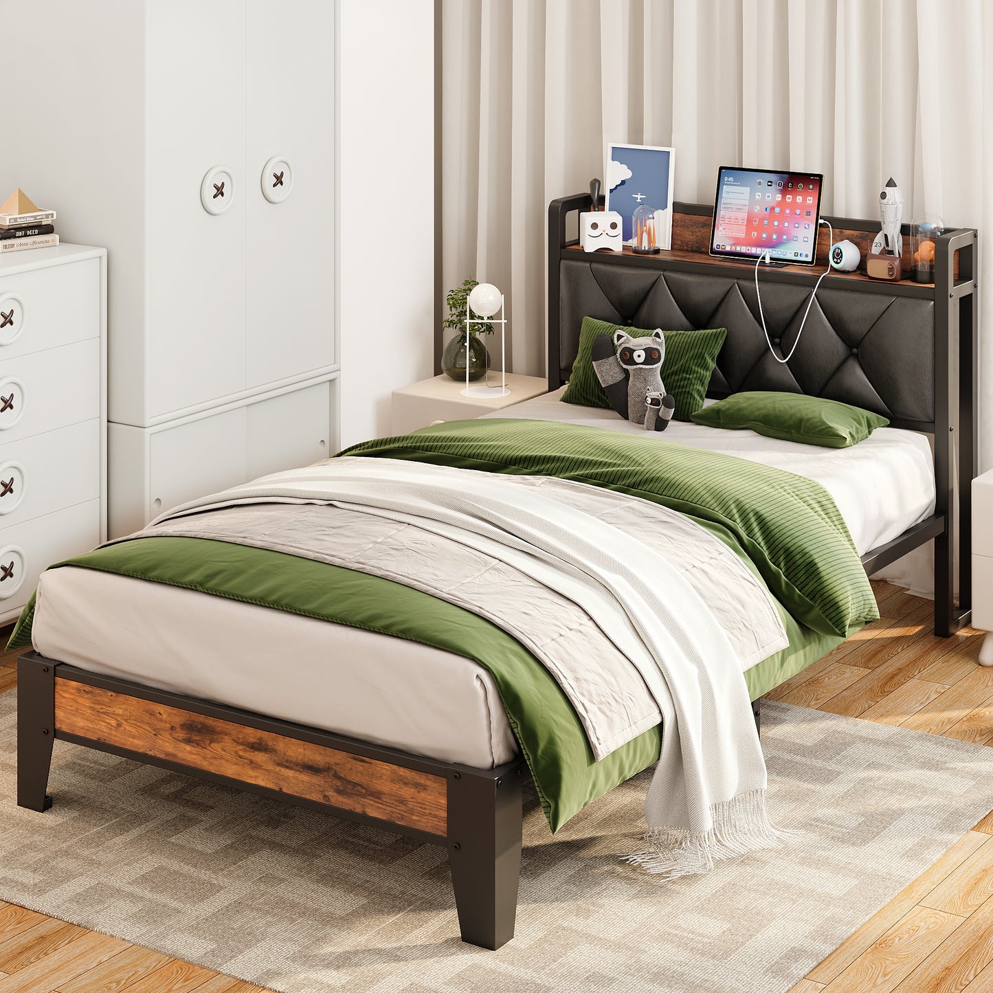 Twin Bed Frames, Storage Headboard with Outlets, Rustic Brown and Black