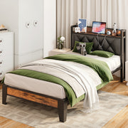 Twin Bed Frames, Storage Headboard with Outlets, Rustic Brown and Black