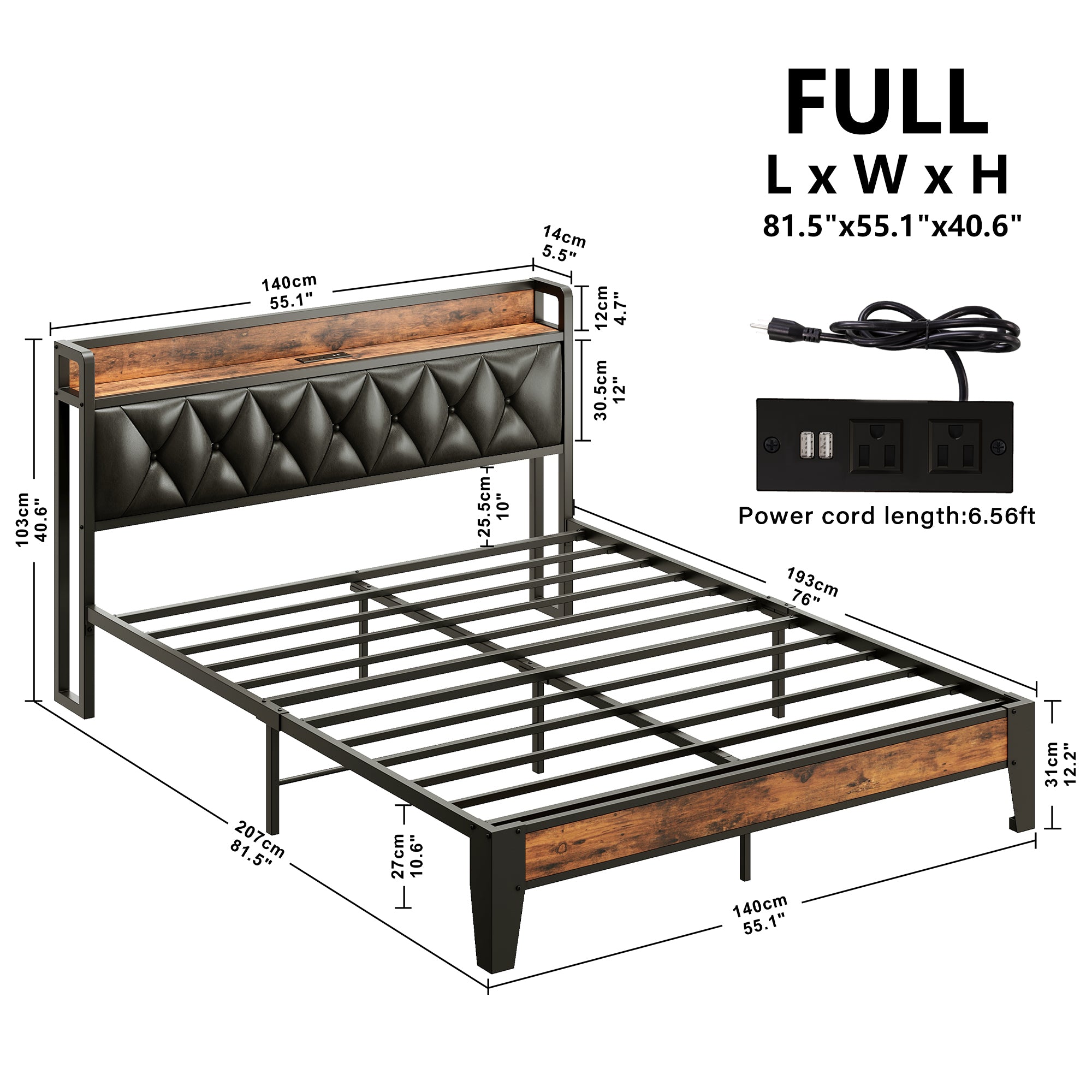 Full Bed Frame, Storage Headboard with Outlets, Rustic Brown and Black