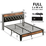 Full Bed Frame, Storage Headboard with Outlets, Rustic Brown and Black