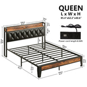 Queen Bed Frame, Storage Headboard with Outlets, Rustic Brown and Black