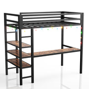 Loft Bed Twin Size with L Shaped Desk and Shelves,Brown