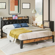 Queen Bed Frame, Storage Headboard with Outlets, Rustic Brown and Black