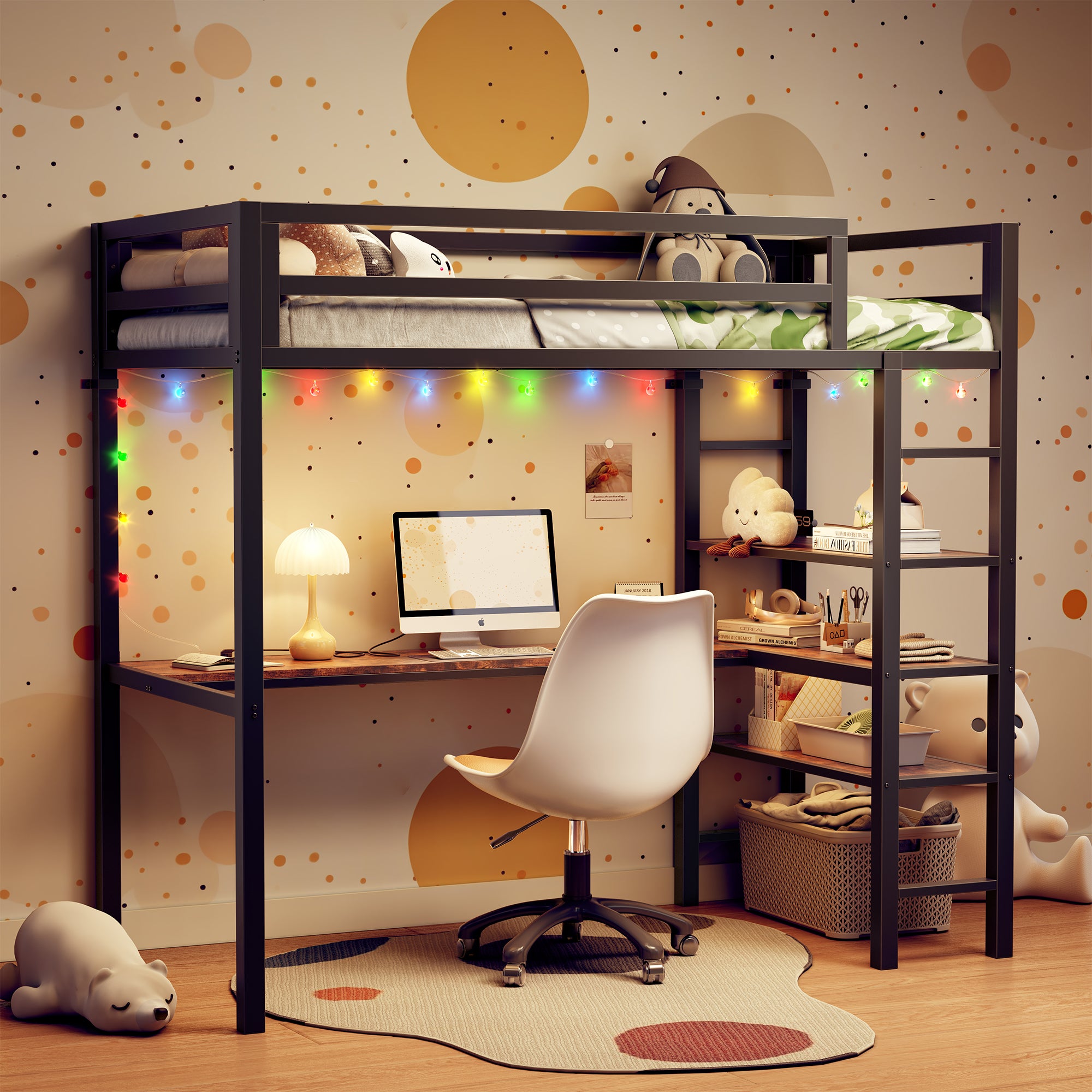 Loft Bed Twin Size with L Shaped Desk and Shelves,Brown