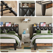 Twin Bed Frames, Storage Headboard with Outlets, Rustic Brown and Black