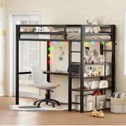 Loft Bed Twin Size with L Shaped Desk and Shelves,Brown
