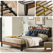 Queen Bed Frame, Storage Headboard with Outlets, Rustic Brown and Black