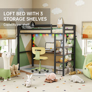 Loft Bed Twin Size with L Shaped Desk and Shelves,Brown