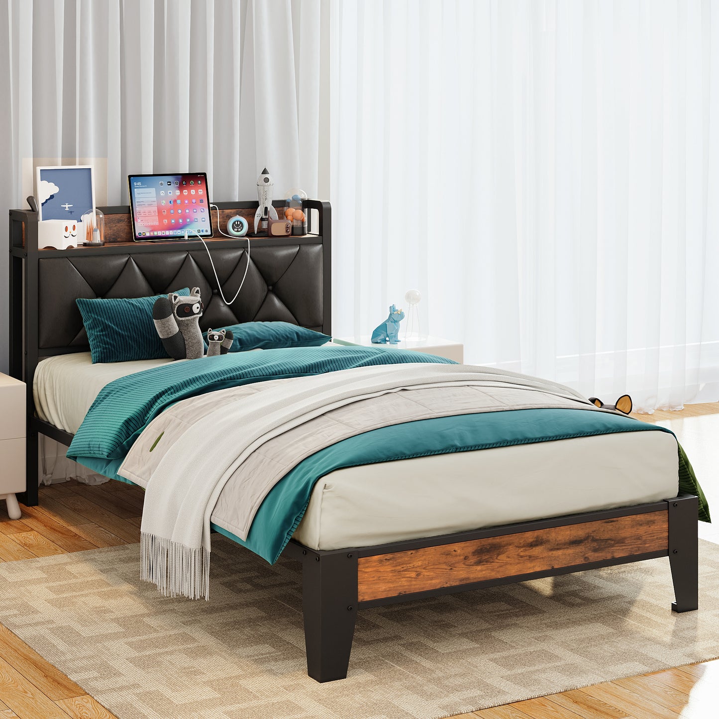 Twin Bed Frames, Storage Headboard with Outlets, Rustic Brown and Black
