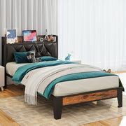 Twin Bed Frames, Storage Headboard with Outlets, Rustic Brown and Black