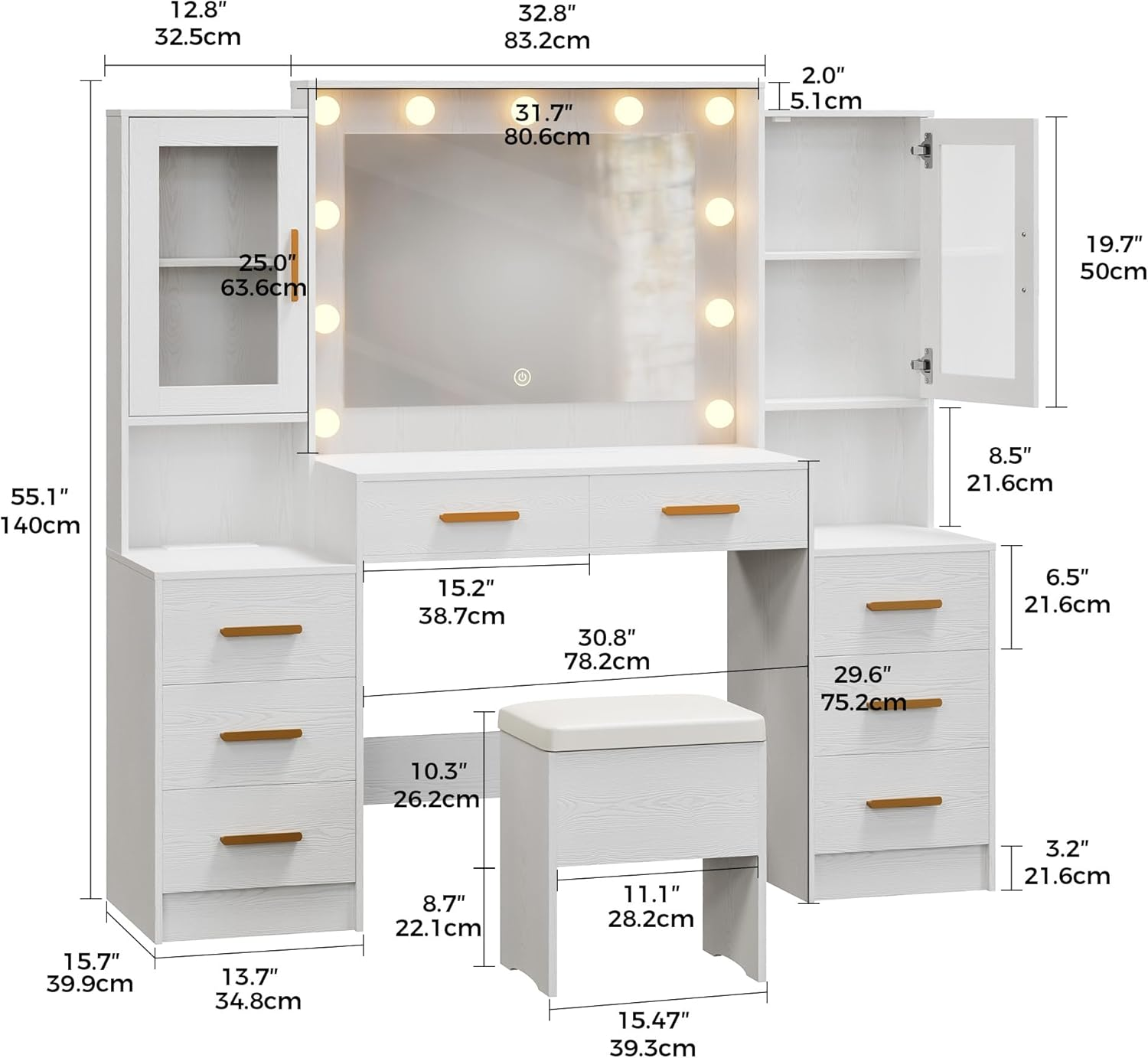 58.4" Large Makeup Vanity with Mirror, Vanity Set with Stool Lights 8 Drawers 2 Glass-Door Cabinets Power Outlet Phone Groove Vanity with Chair Makeup Vanity Desk for Bedroom Dressing Room, White