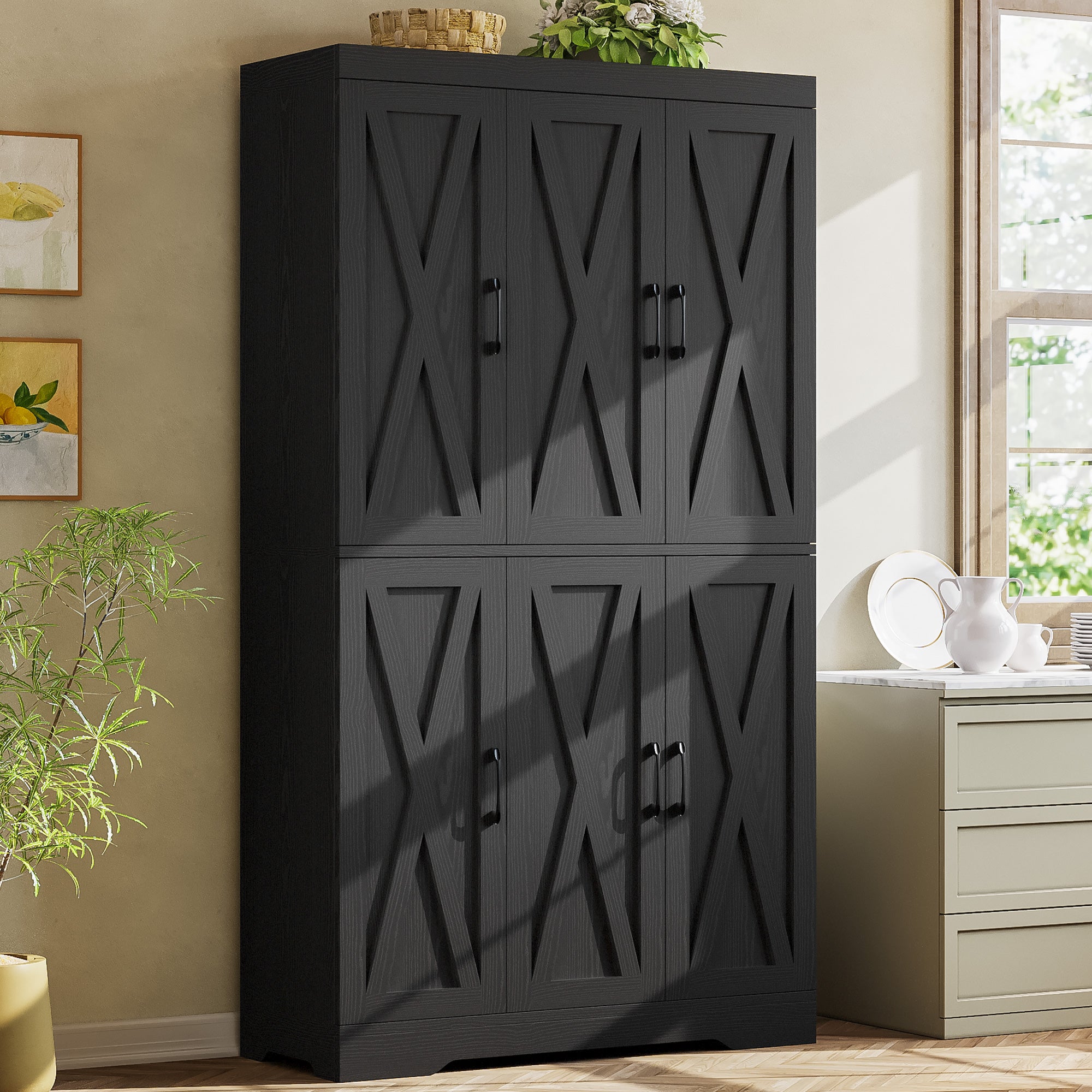 Kitchen Pantry Cabinet with LED Lights, 6 Barn Doors, 39.4" W x 71.3" H, Large Storage Cabinet with 12 Shelves, Freestanding Cupboard with Door Storage Rack for Dining Room, Black