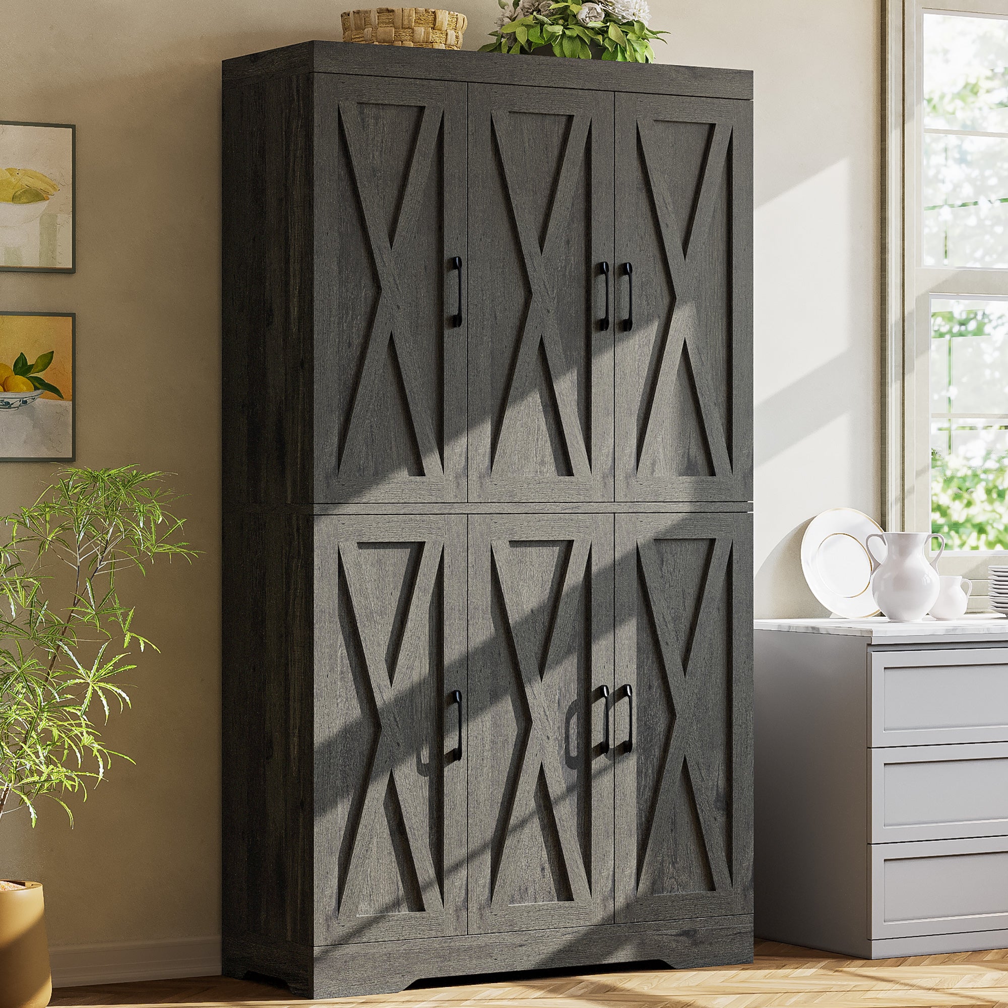 Kitchen Pantry Cabinet with LED Lights, 6 Barn Doors, 39.4" W x 71.3" H, Large Storage Cabinet with 12 Shelves, Freestanding Cupboard with Door Storage Rack for Dining Room, Charcoal Grey