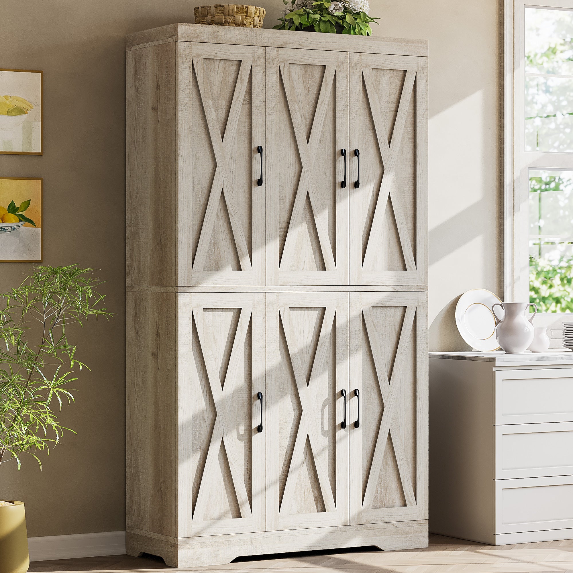 Kitchen Pantry Cabinet with LED Lights, 6 Barn Doors, 39.4" W x 71.3" H, Large Storage Cabinet with 12 Shelves, Freestanding Cupboard with Door Storage Rack for Dining Room, Rustic Maple