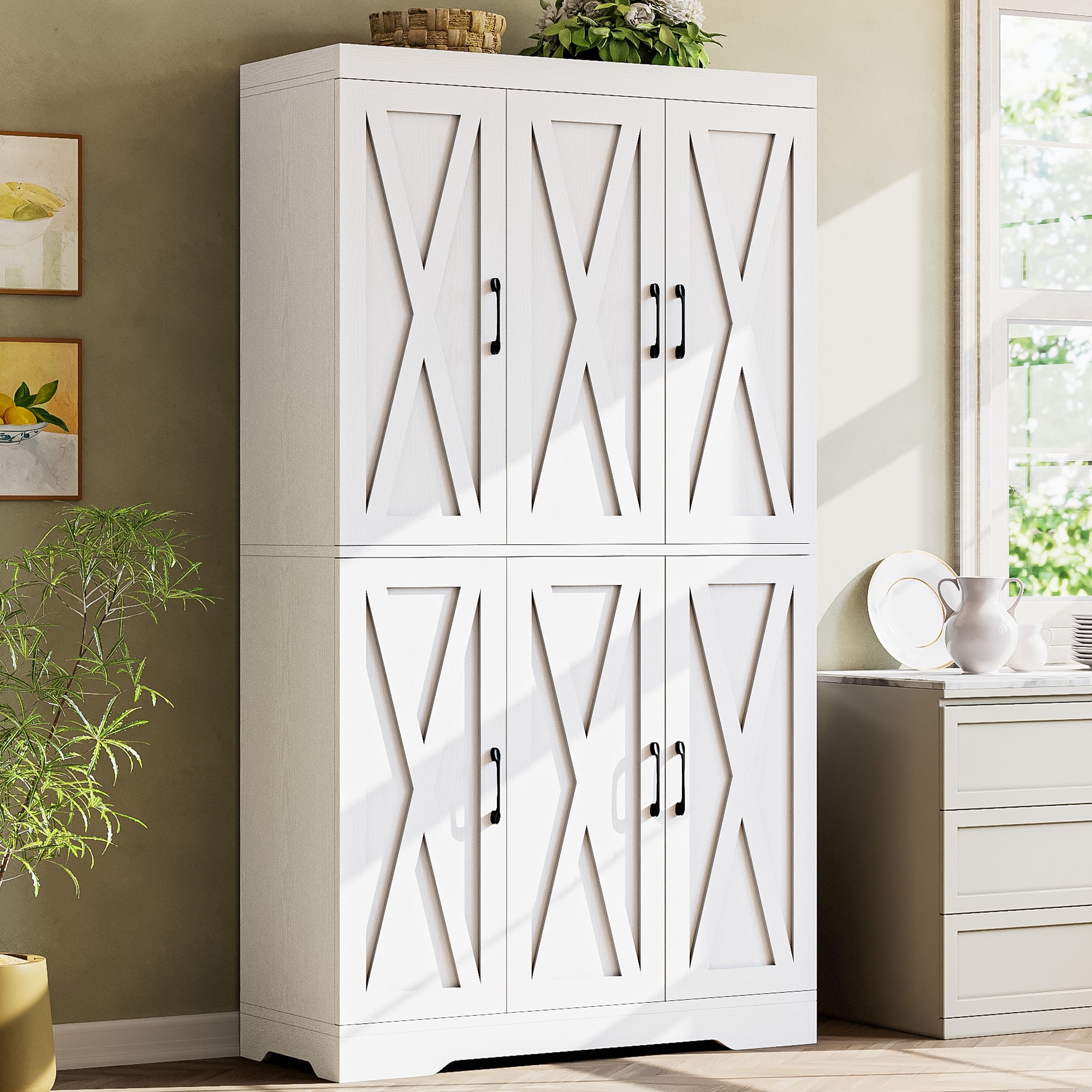 Kitchen Pantry Cabinet with LED Lights, 6 Barn Doors, 39.4" W x 71.3" H, Large Storage Cabinet with 12 Shelves, Freestanding Cupboard with Door Storage Rack for Dining Room, White