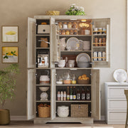Kitchen Pantry Cabinet with LED Lights, 6 Barn Doors, 39.4" W x 71.3" H, Large Storage Cabinet with 12 Shelves, Freestanding Cupboard with Door Storage Rack for Dining Room, Rustic Maple