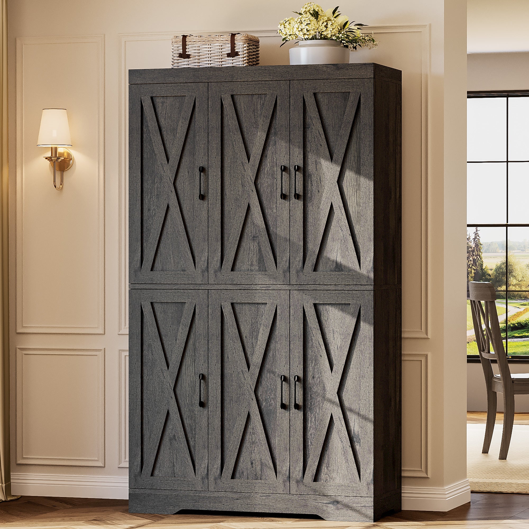 Kitchen Pantry Cabinet with LED Lights, 6 Barn Doors, 39.4" W x 71.3" H, Large Storage Cabinet with 12 Shelves, Freestanding Cupboard with Door Storage Rack for Dining Room, Charcoal Grey