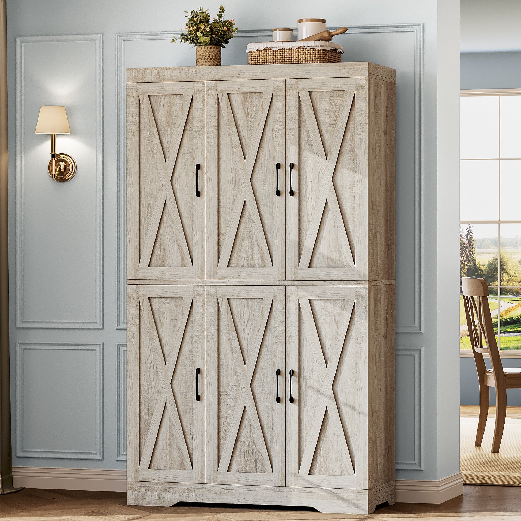 Kitchen Pantry Cabinet with LED Lights, 6 Barn Doors, 39.4" W x 71.3" H, Large Storage Cabinet with 12 Shelves, Freestanding Cupboard with Door Storage Rack for Dining Room, Rustic Maple