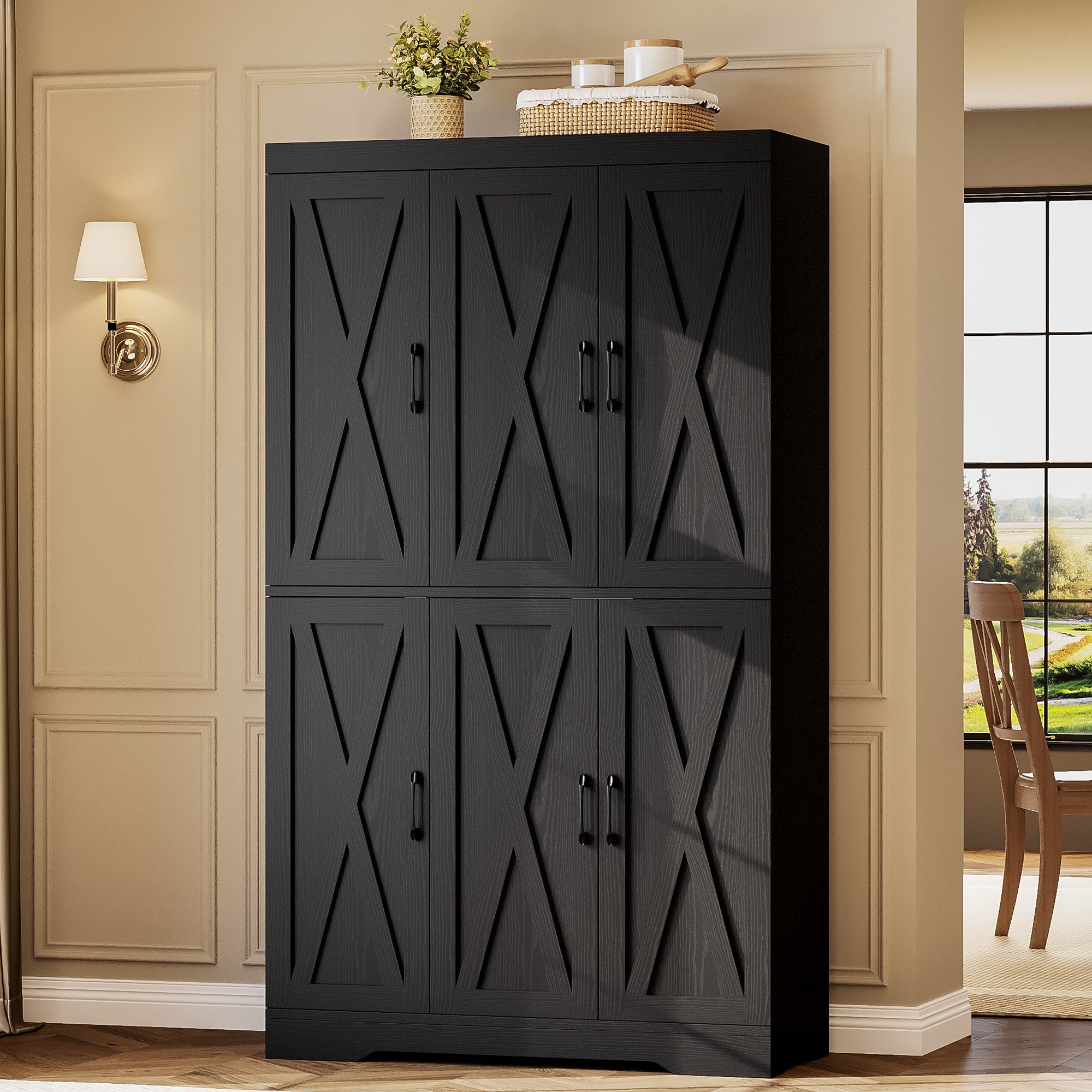 Kitchen Pantry Cabinet with LED Lights, 6 Barn Doors, 39.4" W x 71.3" H, Large Storage Cabinet with 12 Shelves, Freestanding Cupboard with Door Storage Rack for Dining Room, Black