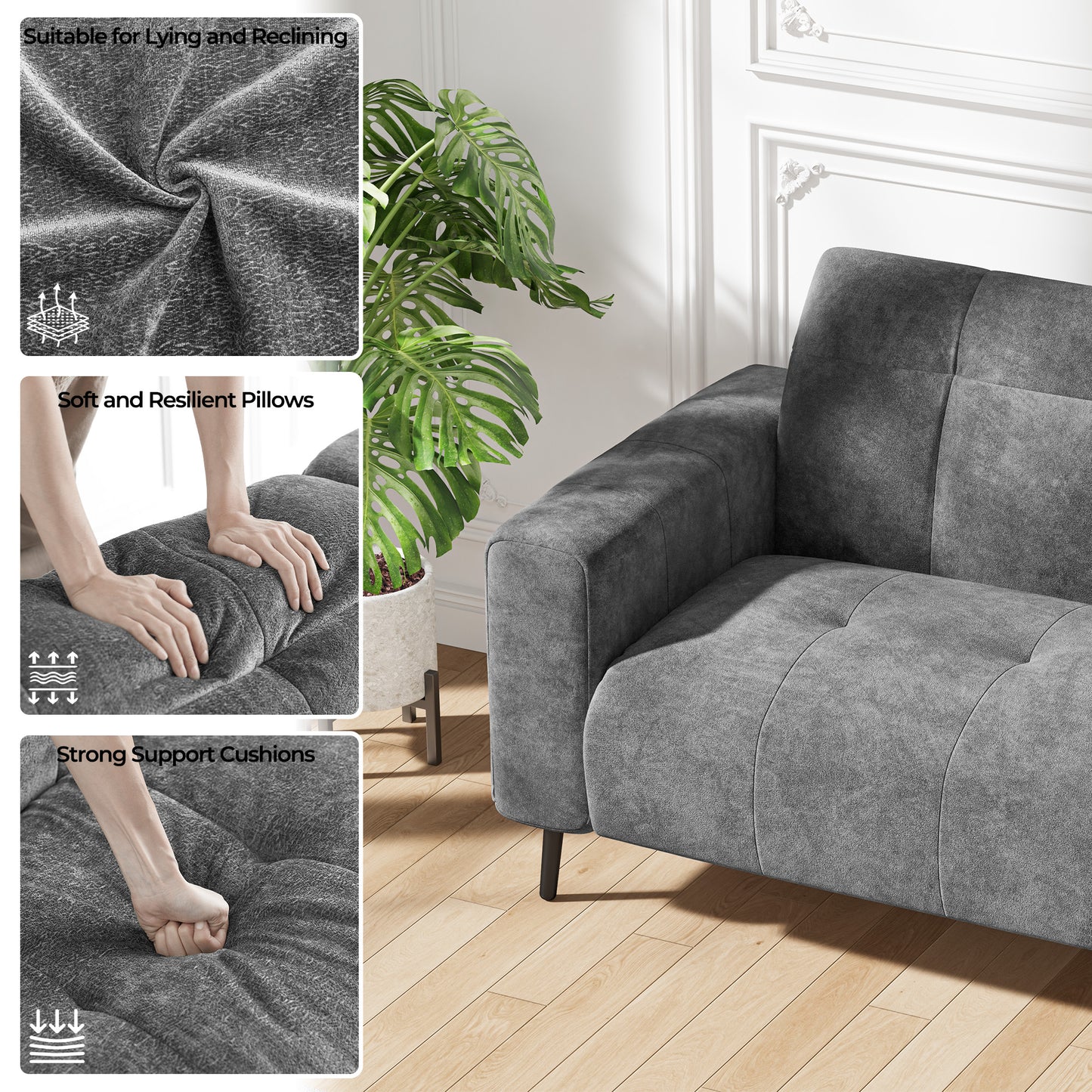 81" 3-Seat Deep Spring Cushion Sofas, Dark Grey Chenille