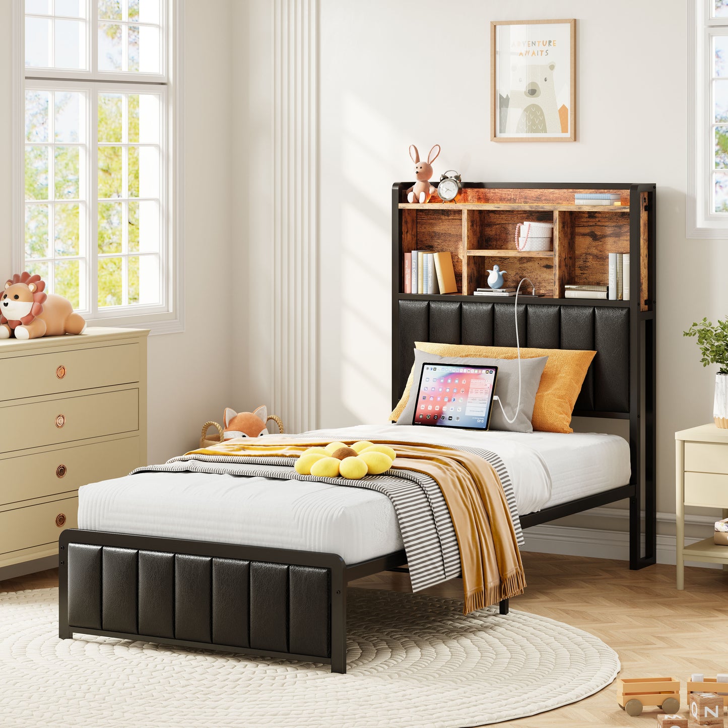 Twin Bed Frame with LED Lights & Charging Station