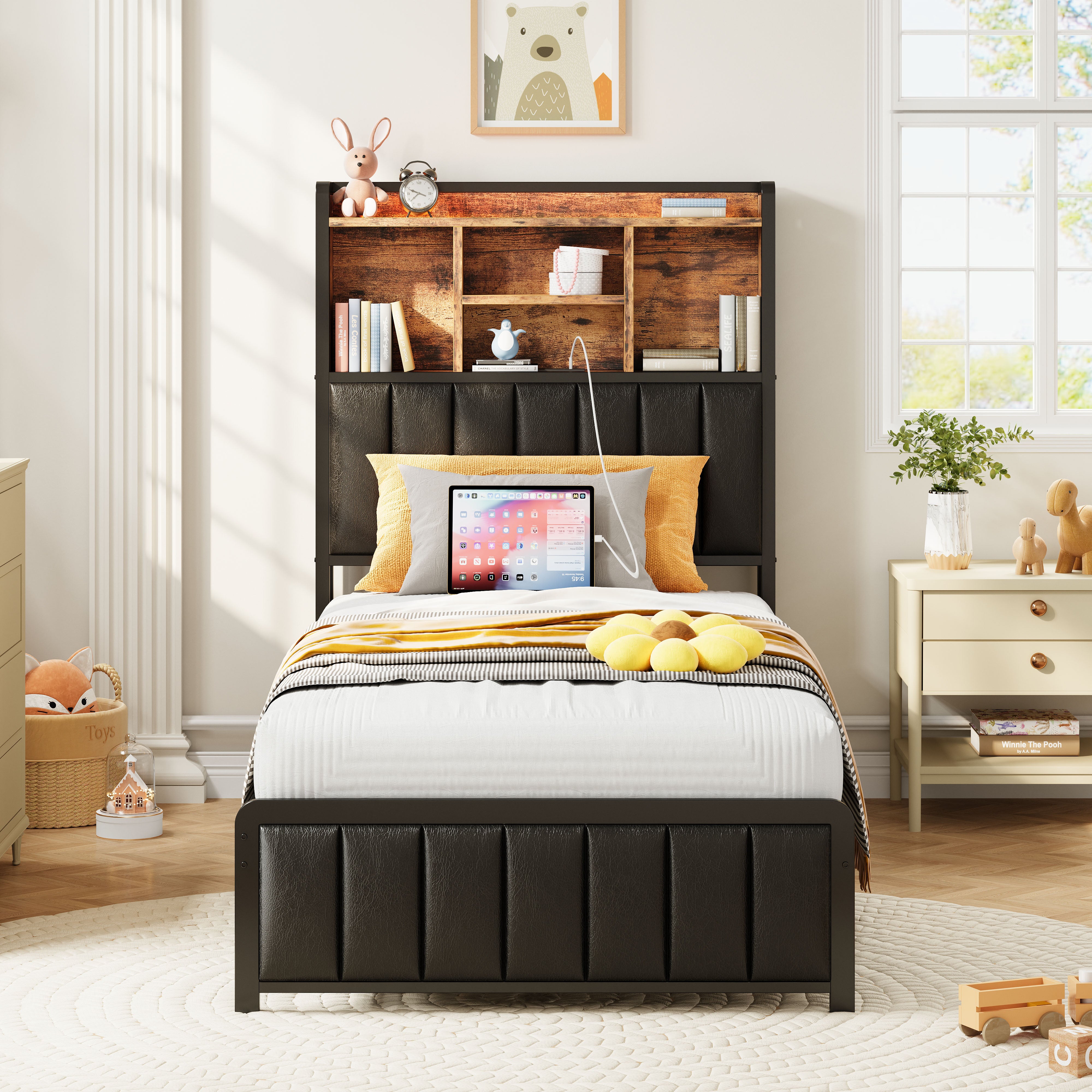 Twin Bed Frame with LED Lights & Charging Station