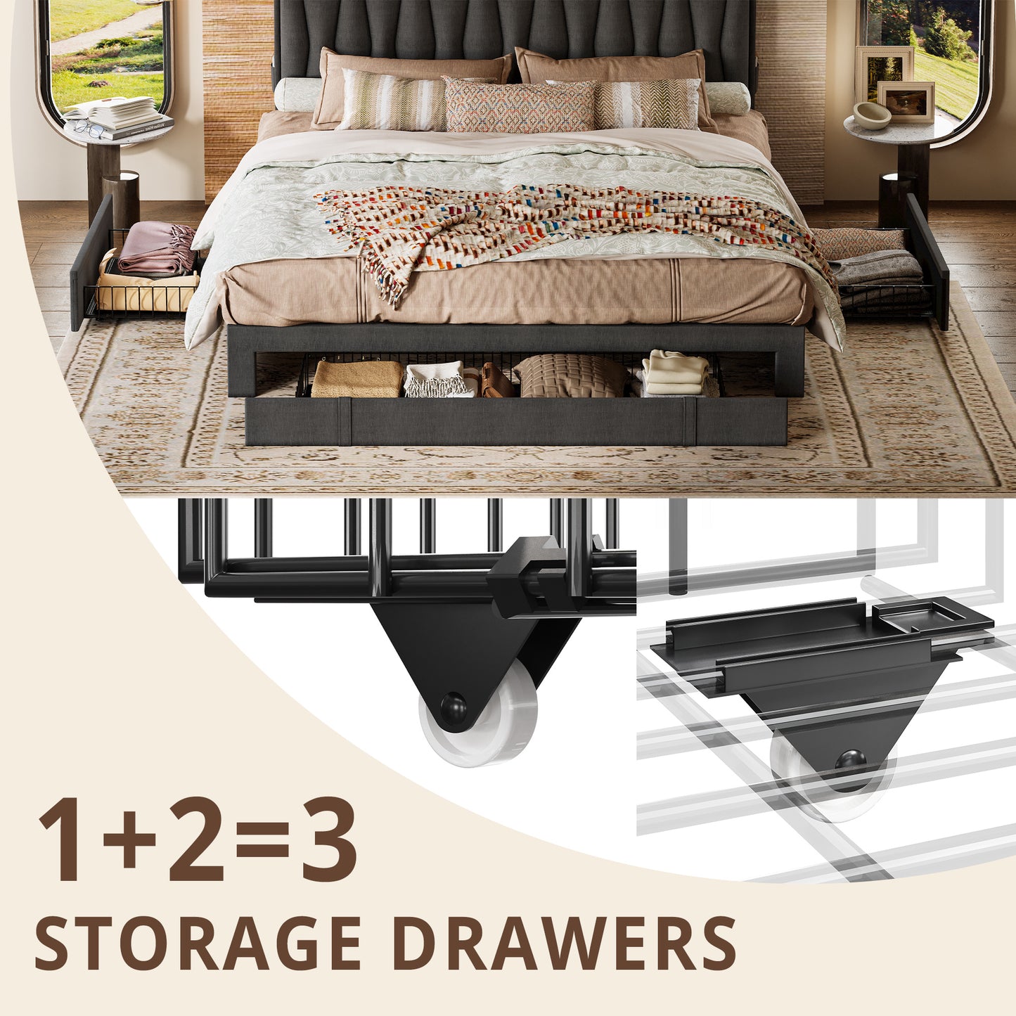 Twin Bed Frame with 3 Drawers, Grey