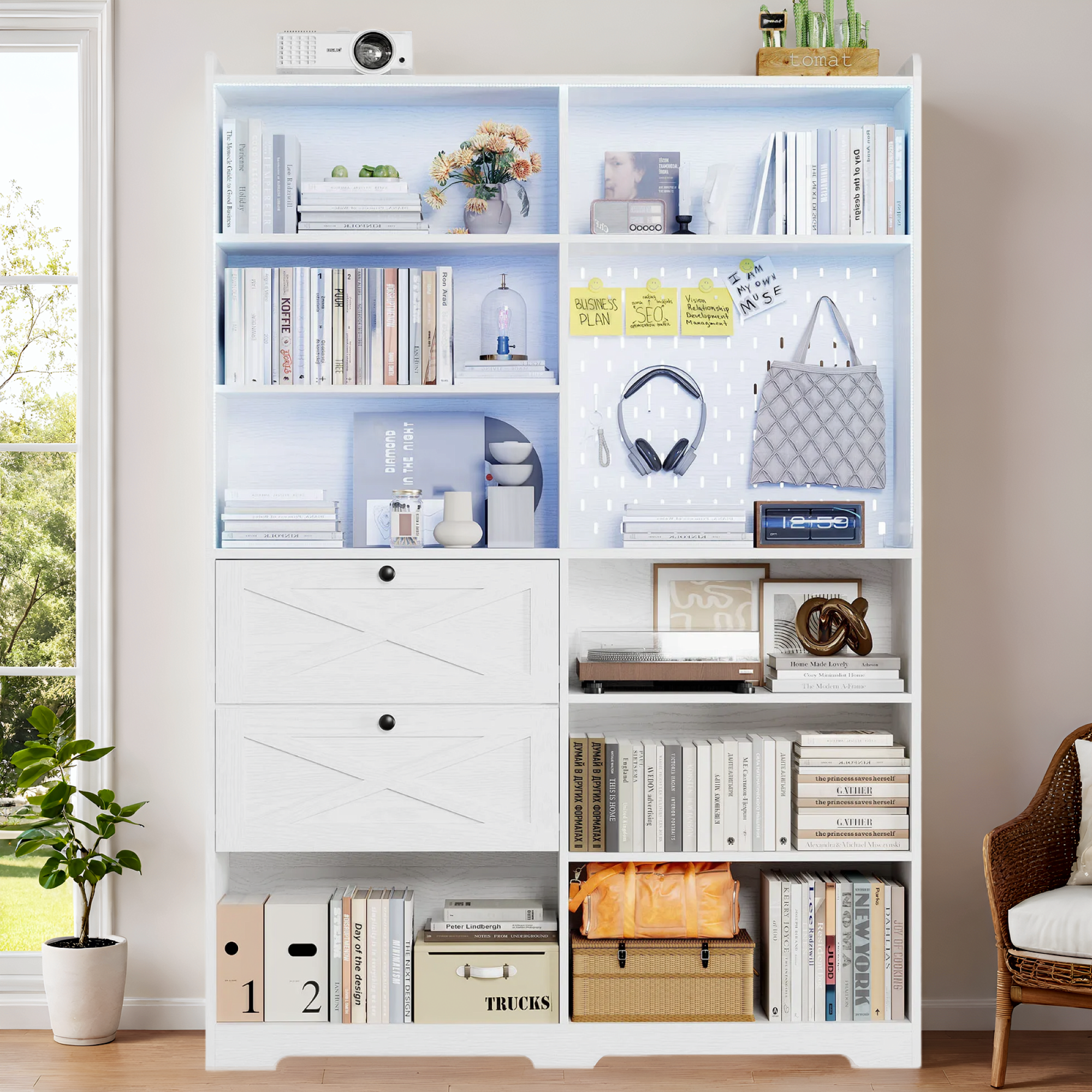 Bookshelf and Bookcase 55" W x 79" H, with LED Lights, 2 Deep Drawers, 7-Tier Double Wide Bookshelves with Pegboard, Freestanding Display Cabinet for Home Office, Living Room, White