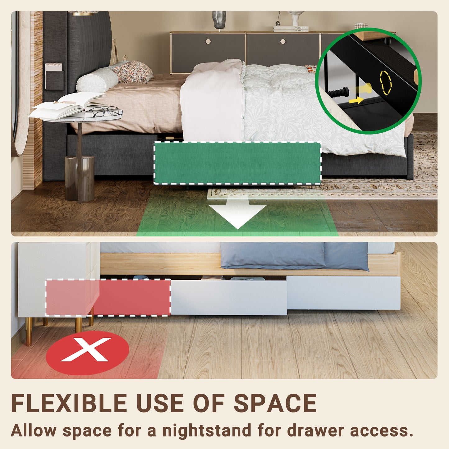 Twin Bed Frame with 3 Drawers, Grey