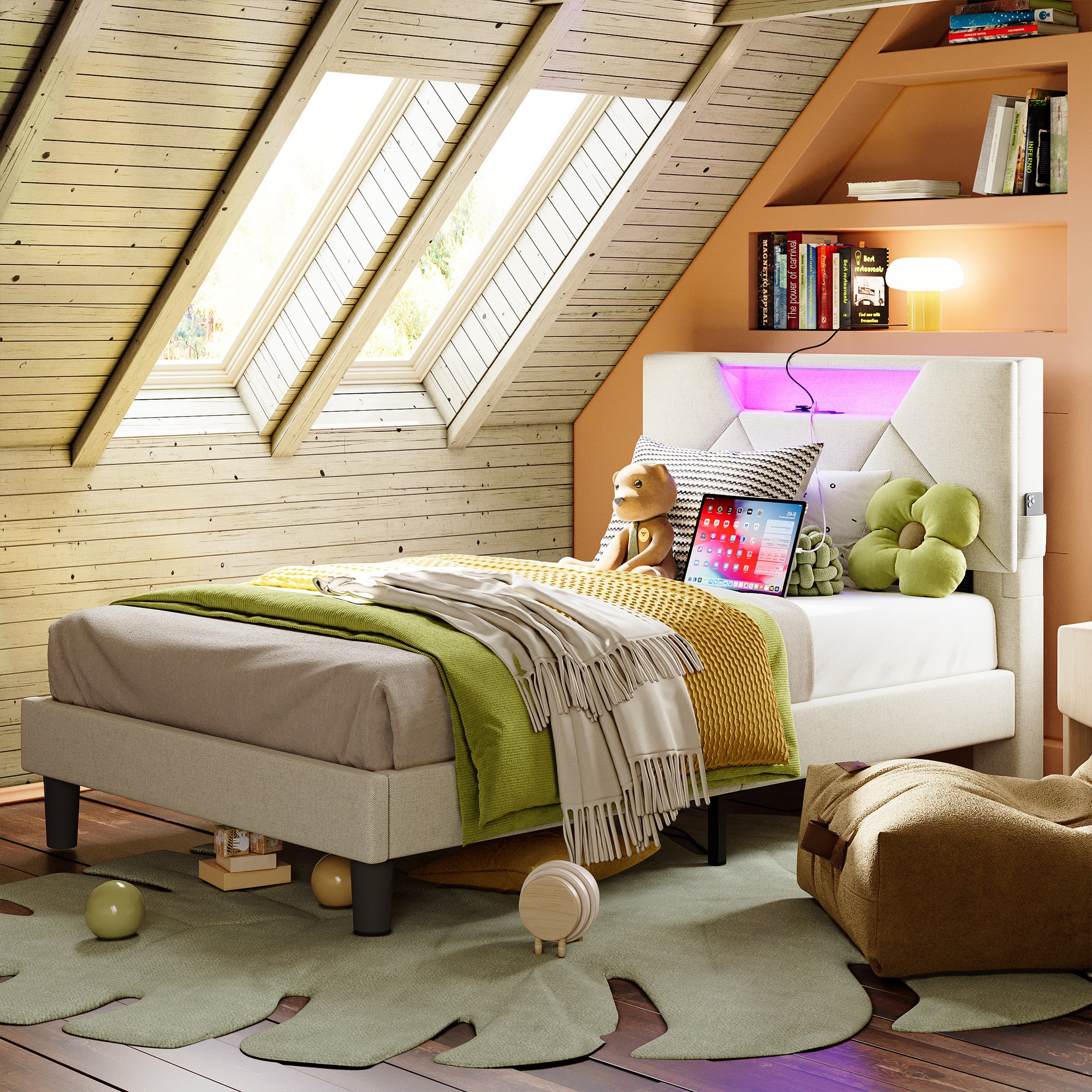 Twin Bed Frame with Storage Headboard, Beige