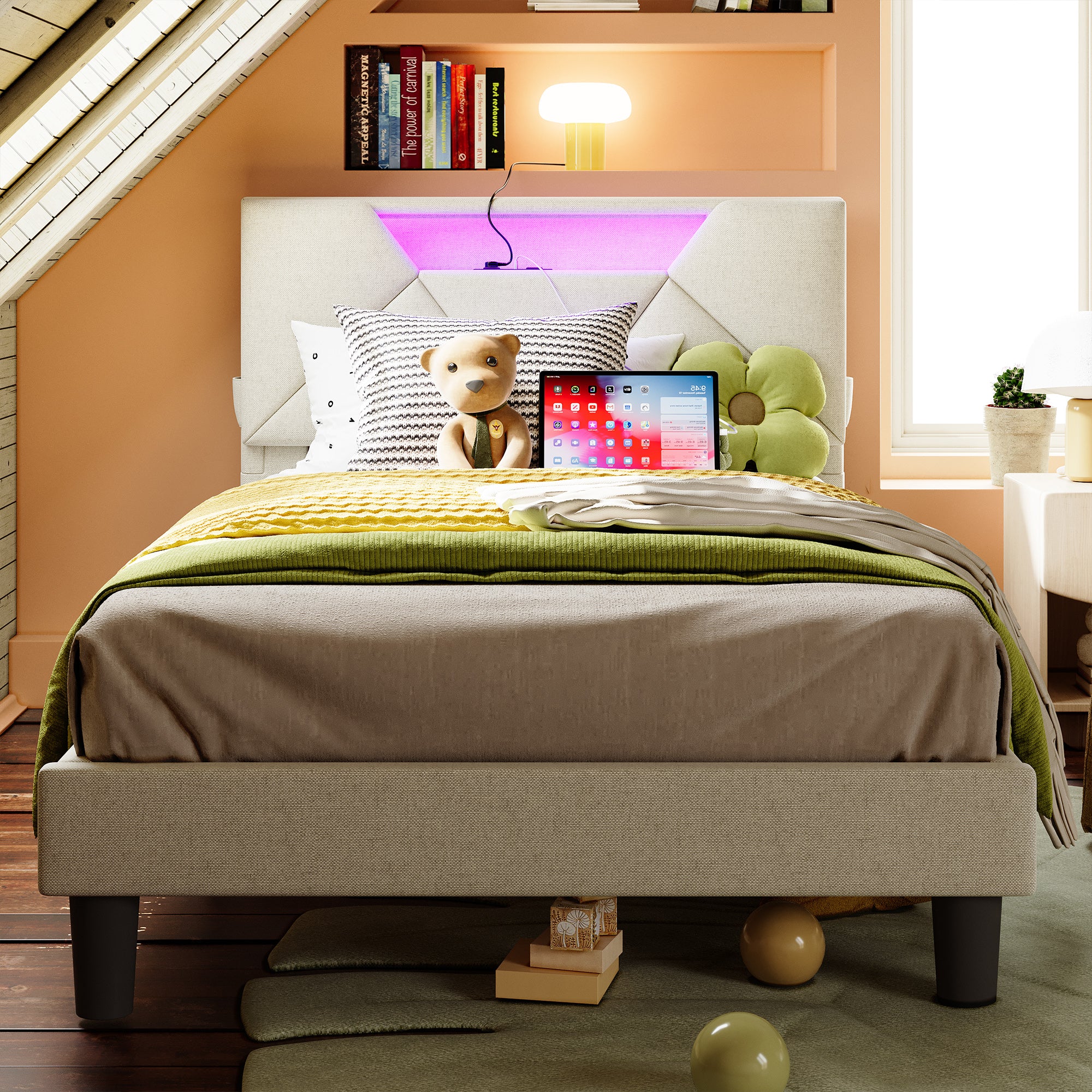Twin Bed Frame with Storage Headboard, Beige