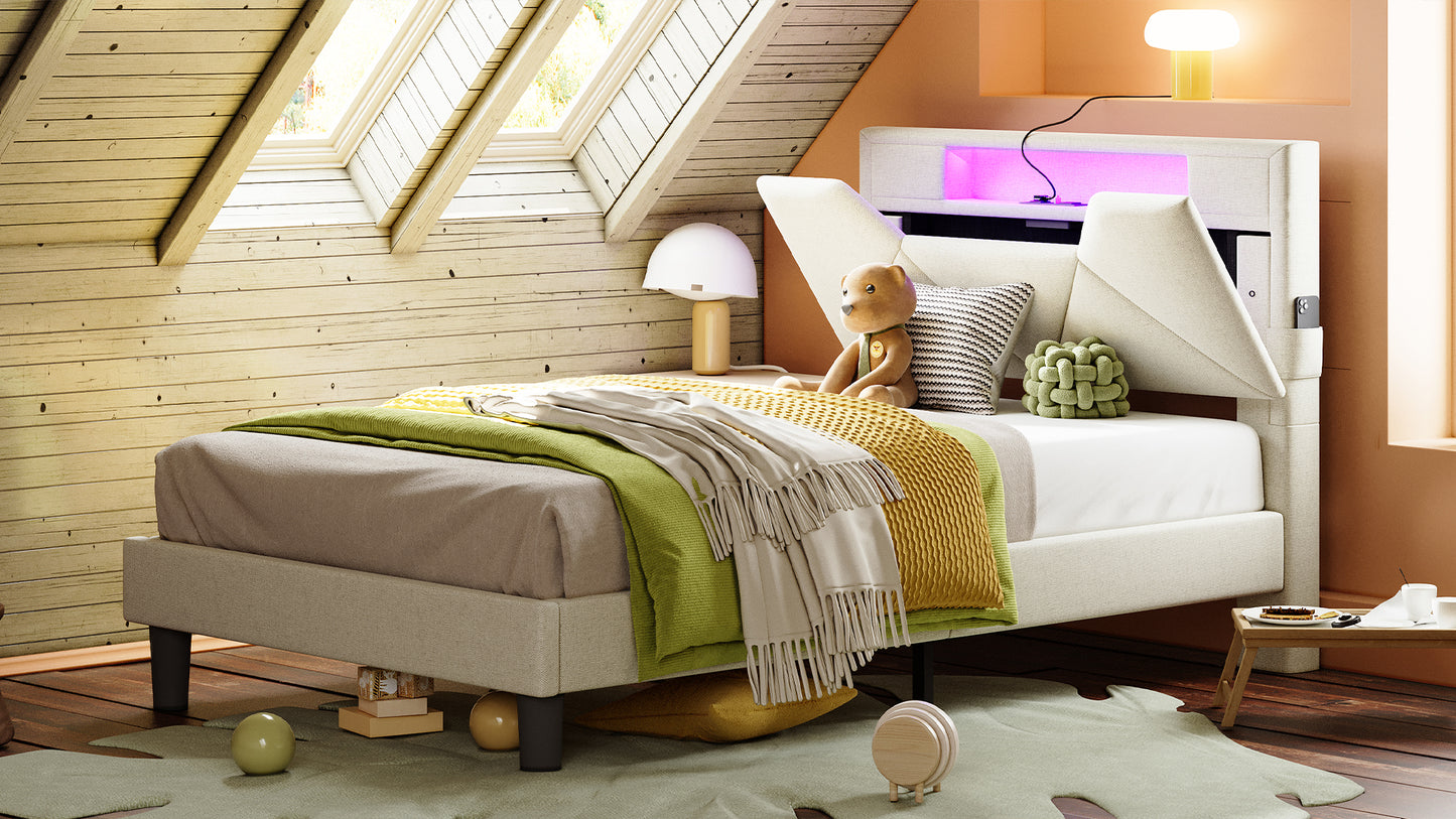 Twin Bed Frame with Storage Headboard, Beige