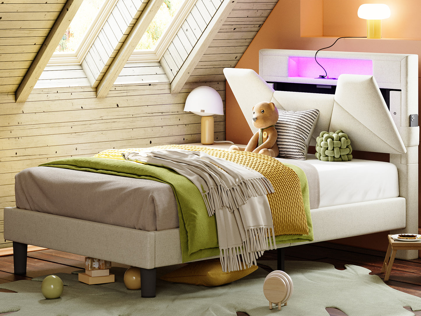 Twin Bed Frame with Storage Headboard, Beige